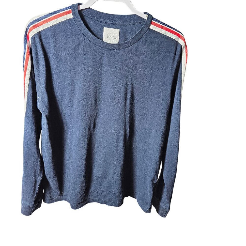 D&F Navy Long Sleeve Crewneck Shirt With Red & Blue Stripe Accents
